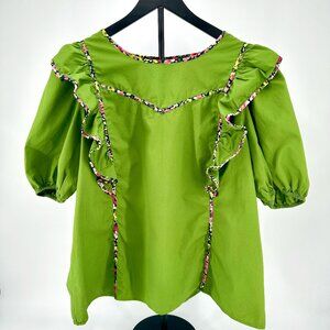 Crown & Ivy Womens Green Short Sleeve Floral Ruffle Top Size Large